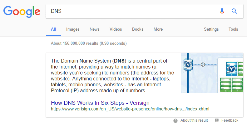 A Google search for the term DNS.