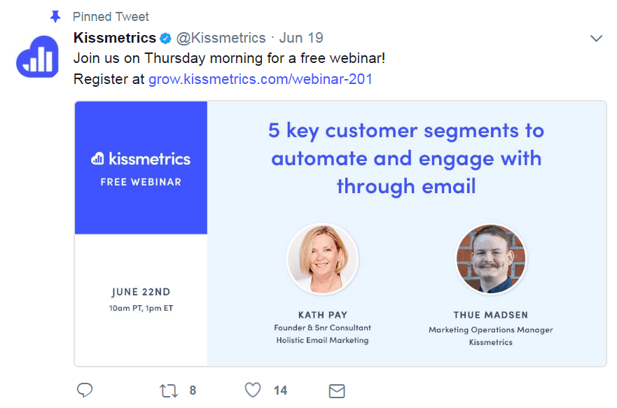 A Twitter post about a Kissmetrics webinar.