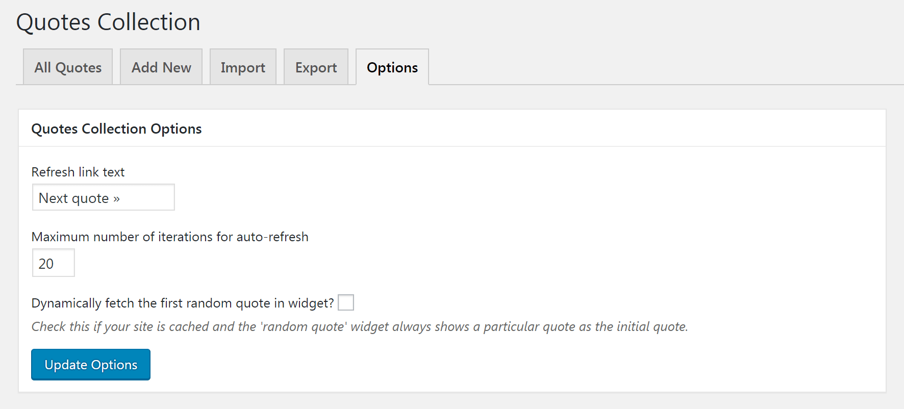 The Options screen of the Quotes Collection plugin.
