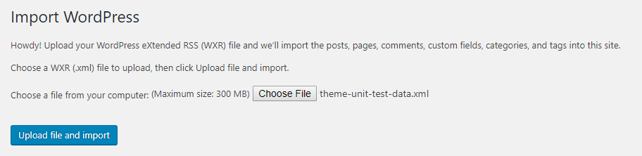 Uploading the WordPress Theme Unit Test Data,