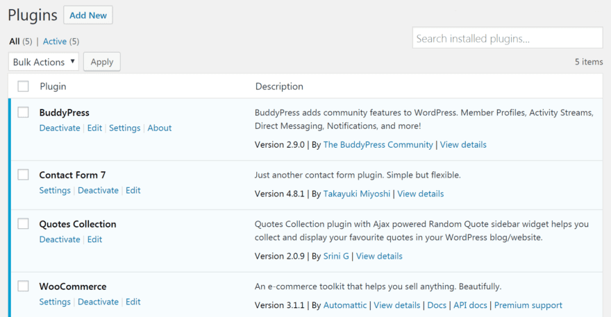 A list of plugins in the dashboard.