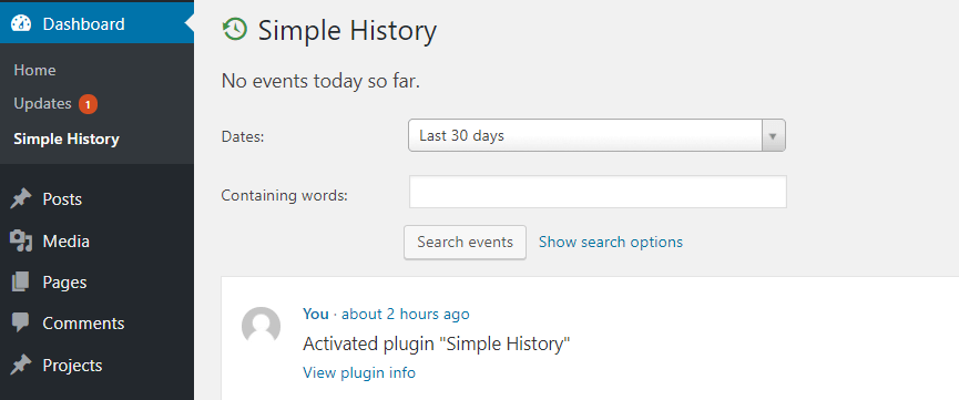 The Simple History page on your dashboard.