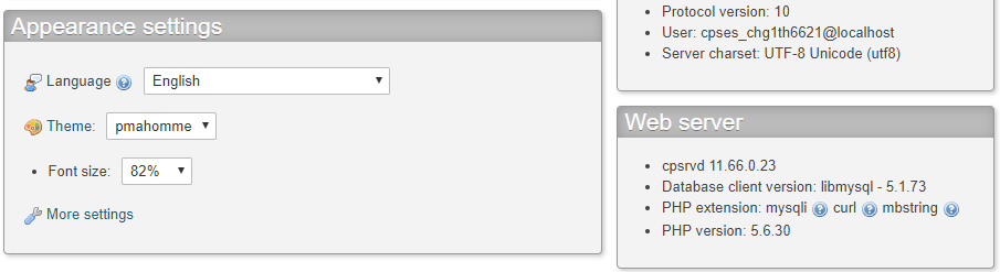 phpMyAdmin's Appearance settings.