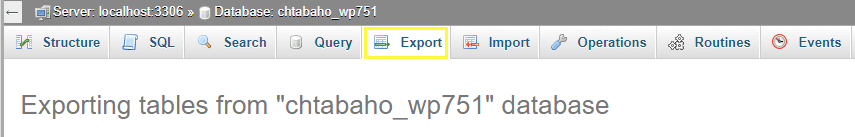 phpMyAdmin's Export tab.
