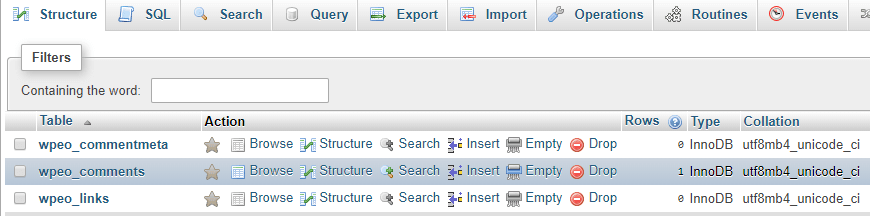 phpMyAdmin's structure tab.