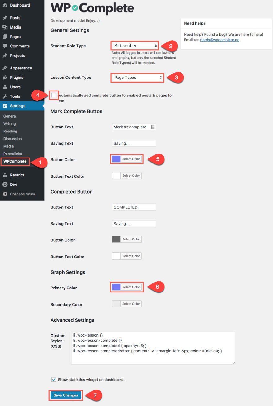 wpcomplete settings