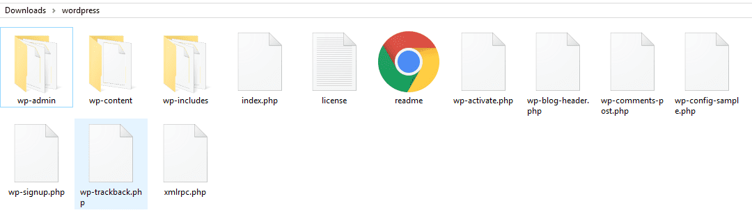 A local folder including WordPress' setup files.