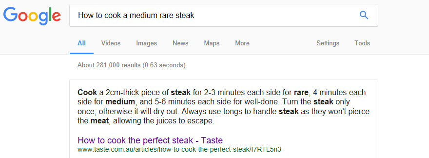 How to cook a steak. An example of a Google Answer Box.