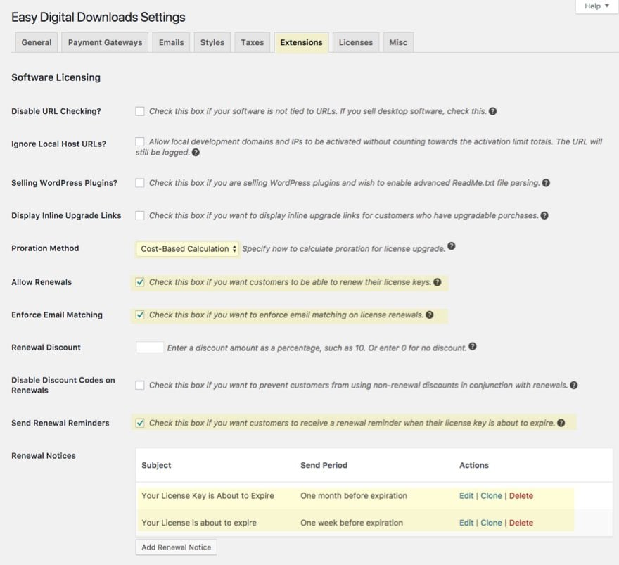 extensions settings