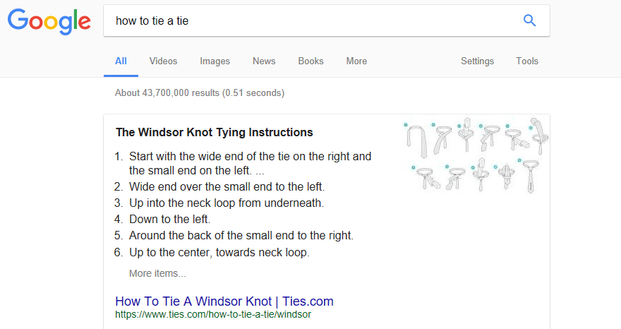 How to tie a tie. An example of a Google Answer Box.