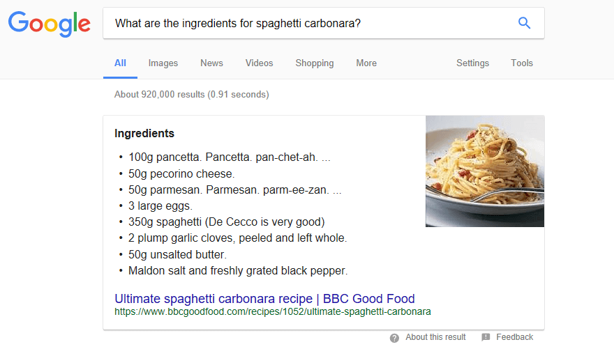 How to cook spaghetti carbonara. An example of a Google Answer Box.