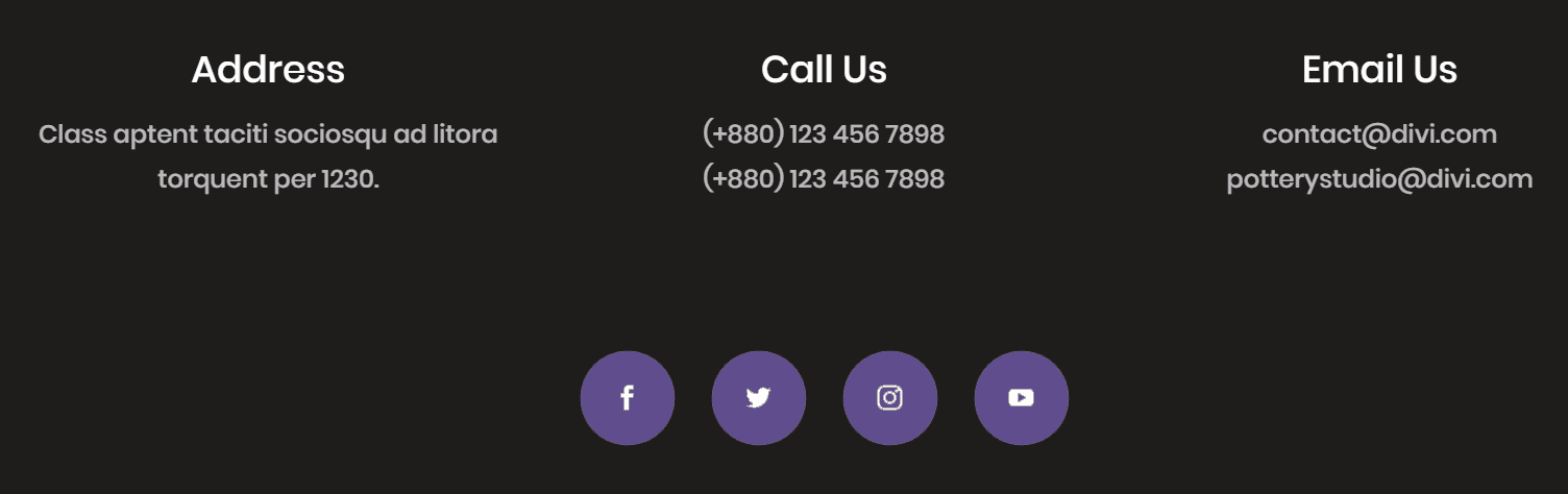 A Divi contact section from a layout pack, featuring ultra violet social icons.