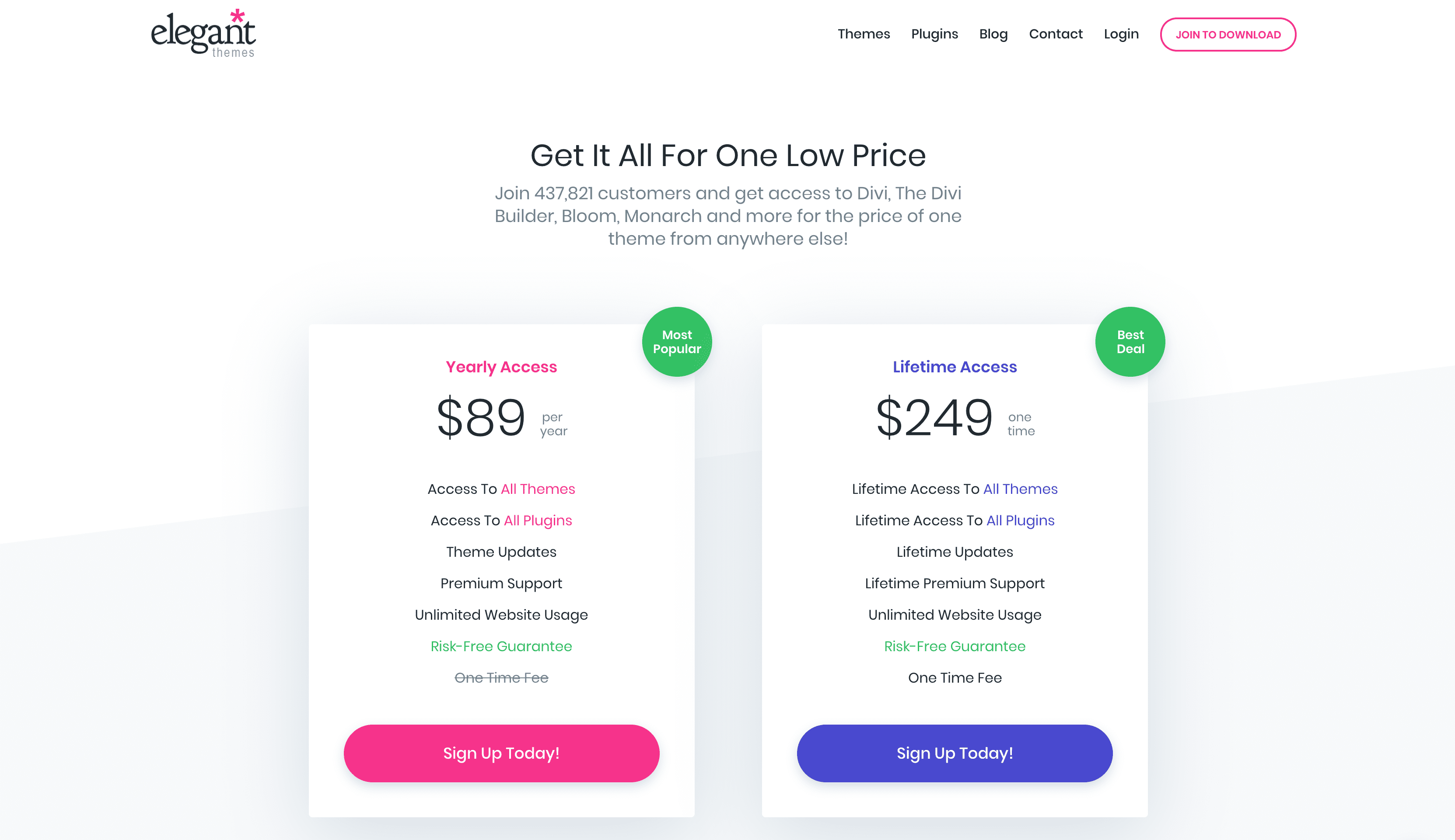 The Elegant Themes pricing page.