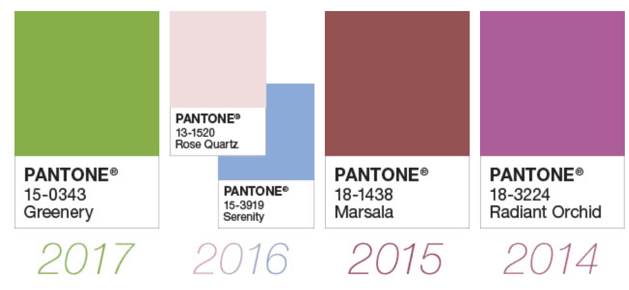 Some of the past Pantone colors of the year.