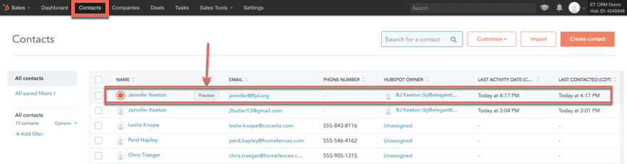 hubspot crm contacts tab