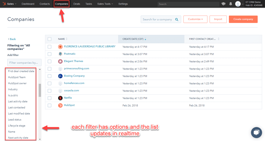 hubspot companies tab