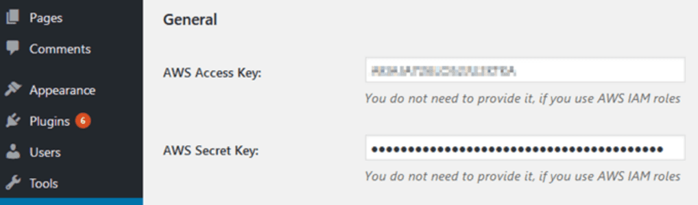 Adding your AWS access and secret keys to WordPress.