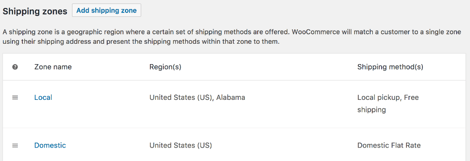 A WooCommerce shipping configuration screen.