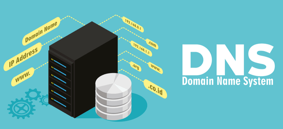 Components of a Domain Name System depicted using a black server and featuring domain name, IP address, www and a range of numbers and letters.