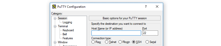 Using PuTTY to establish an SSH connection.