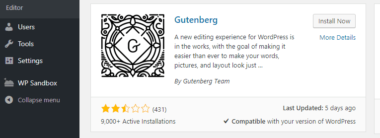 Installing the Gutenberg plugin.