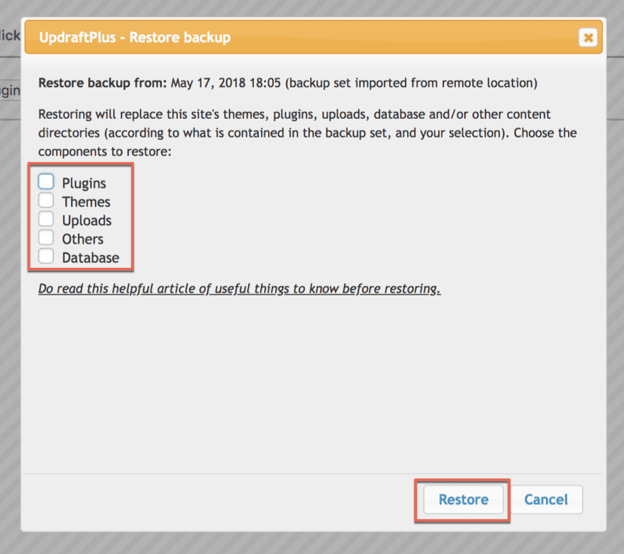 UpdraftPlus Restore and Migrate