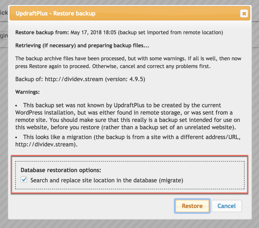 UpdraftPlus Restore and Migrate