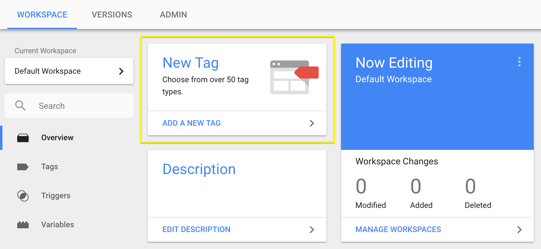 The New Tag link in the Google Tag Manager interface.