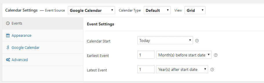 The plugin's events tab.