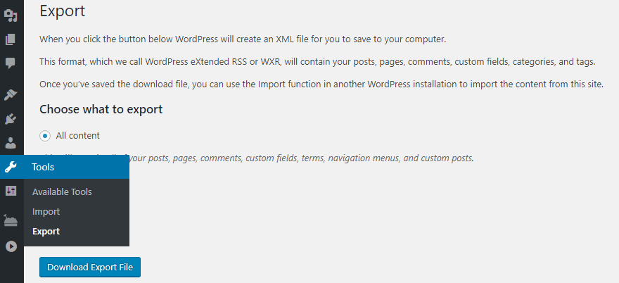 WordPress' export tab.