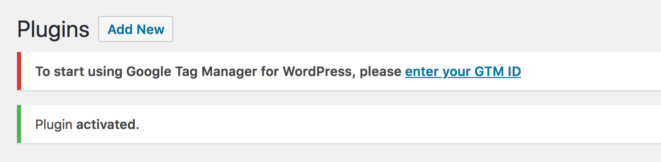 Notification in the WordPress dashboard, saying that you need to enter your GTM ID.