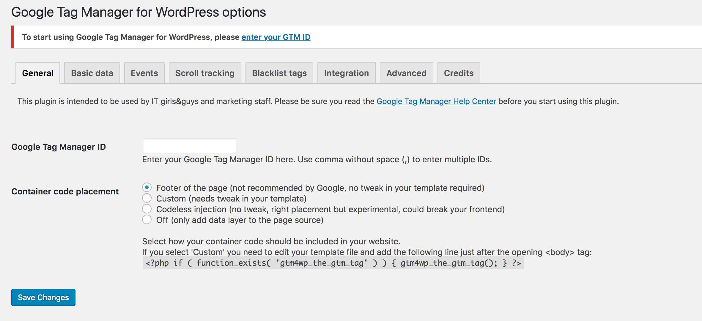 The settings page for DuracellTomi's Google Tag Manager plugin.