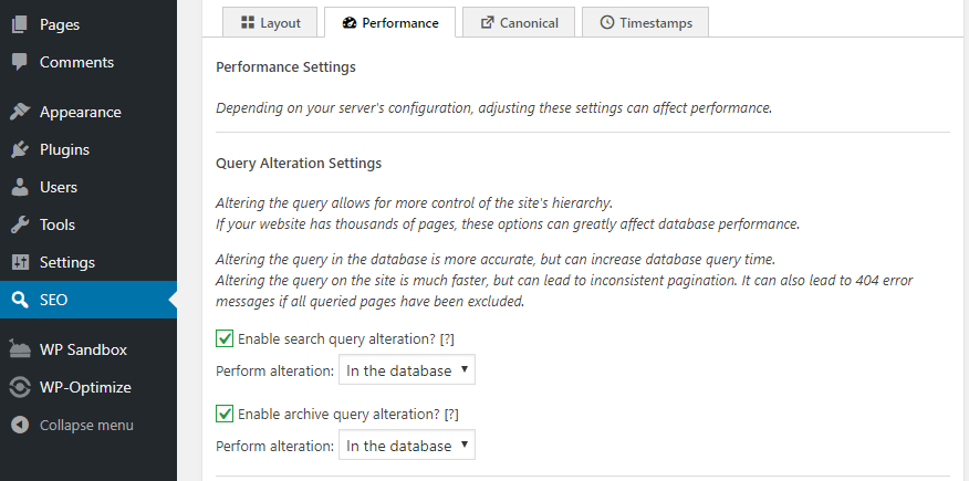 The SEO Framework's performance settings.