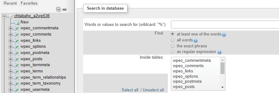 Using phpMyAdmin's search feature.