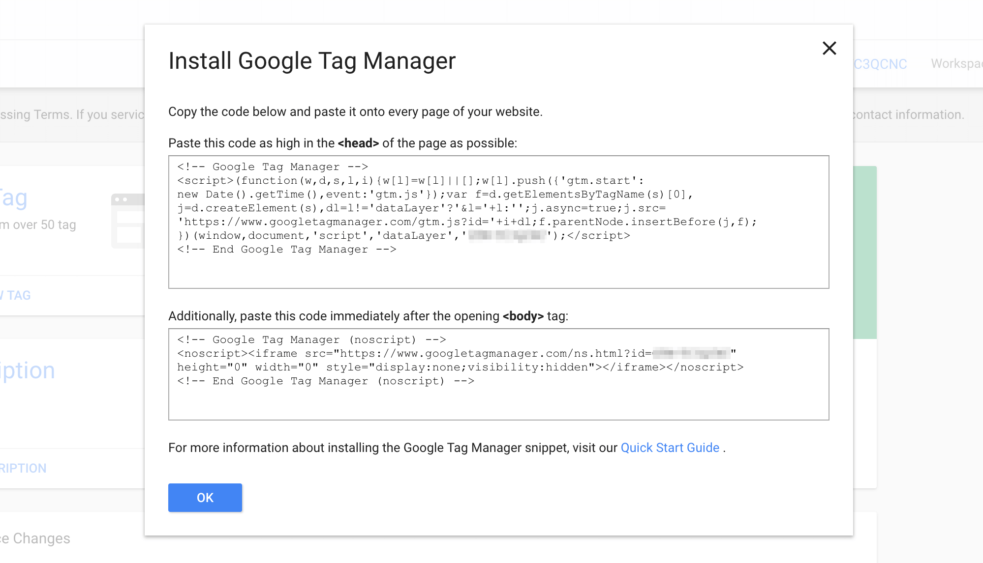 The code snippets used to implement Google Tag Manager on your site.