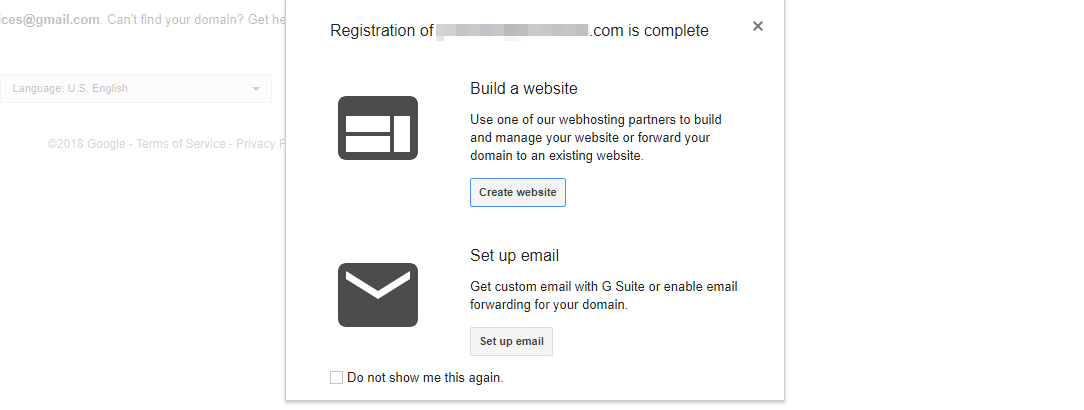 Your domain registration success message.