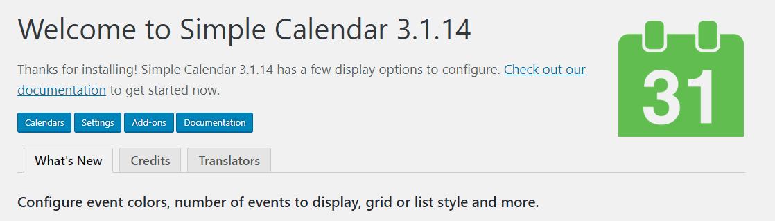 The Simple Calendar plugin's welcome screen.