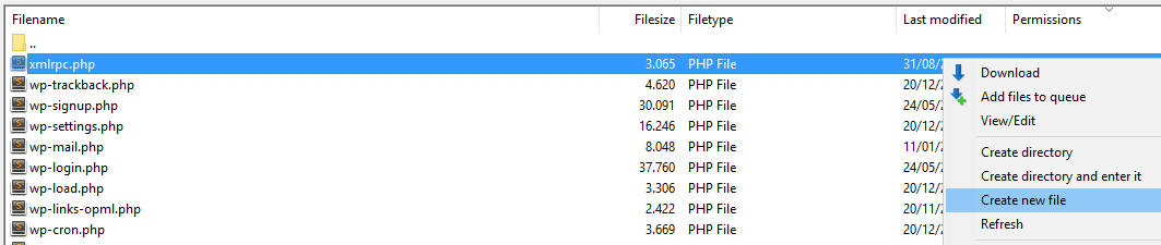 Creating a new file using FileZilla.