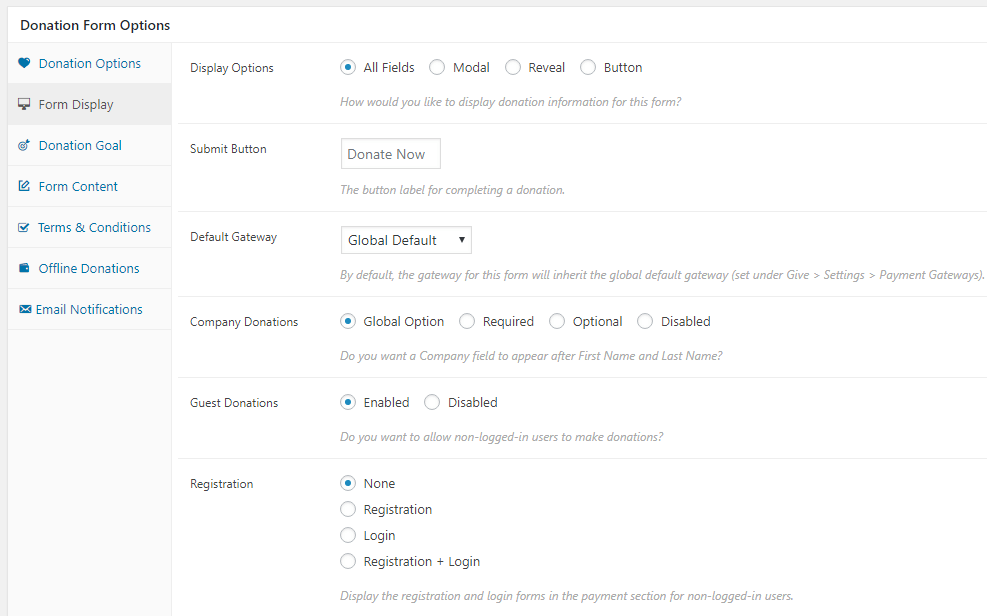 Your donation form settings.