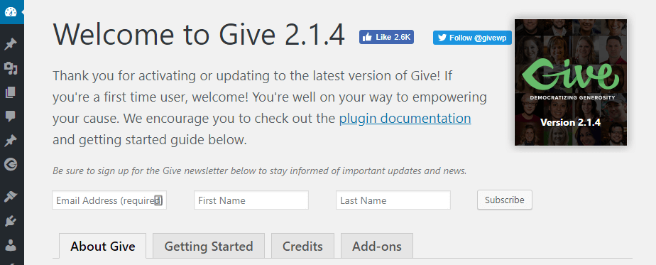 The Give plugin's welcome screen.