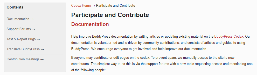 The BuddyPress documentation page.