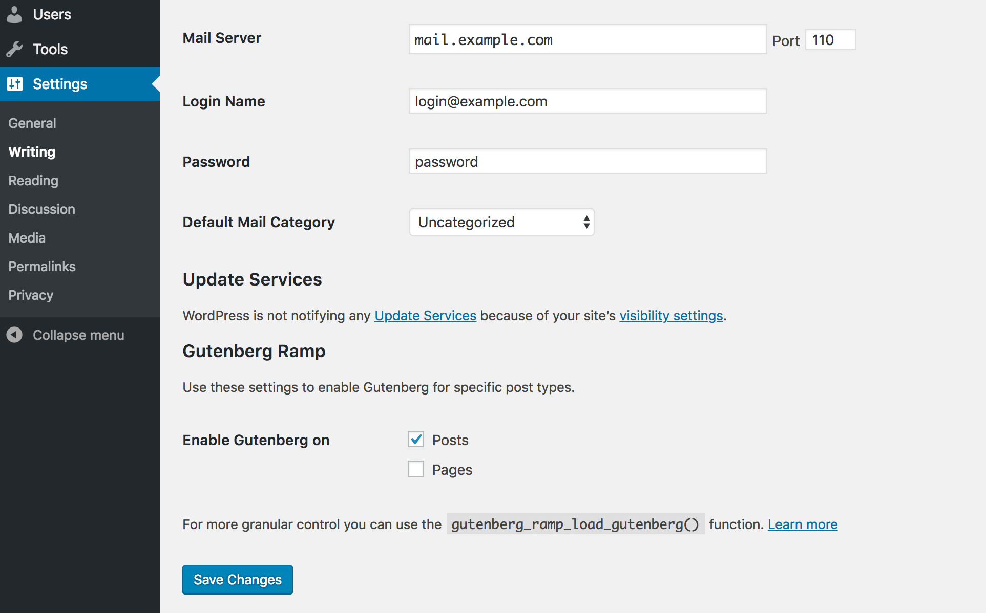 The Writing setting screen, showing the new Gutenberg Ramp settings.