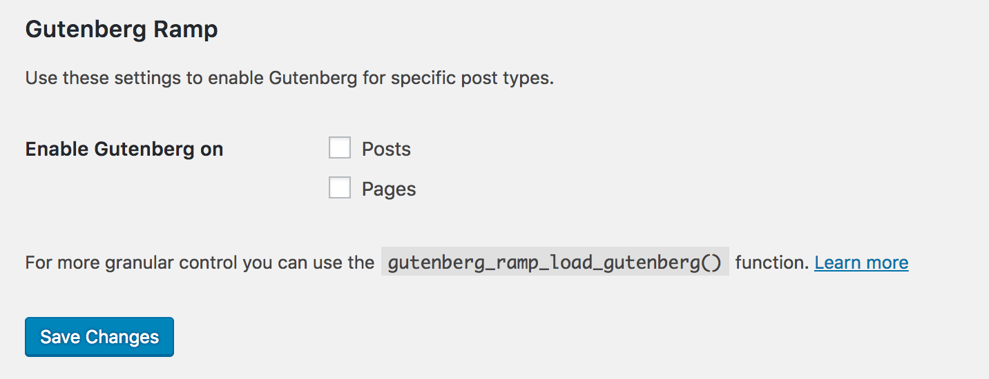 The Gutenberg Ramp options.