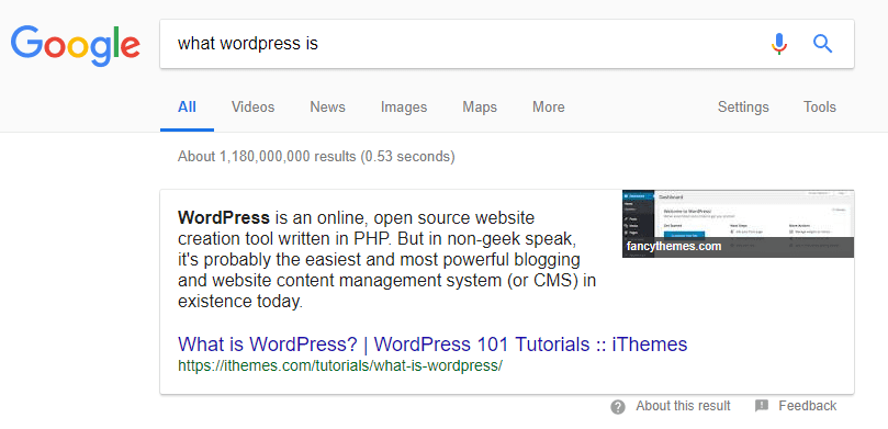 Asking Google what WordPress is.