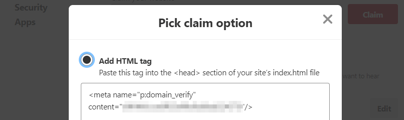 Selecting the option to add an HTML tag to your website.