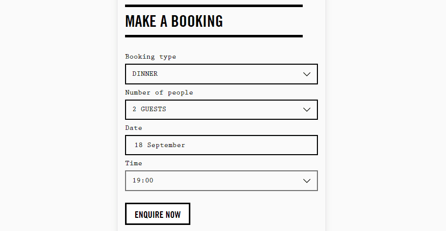 A reservation form including a drop-down menu with specific times.