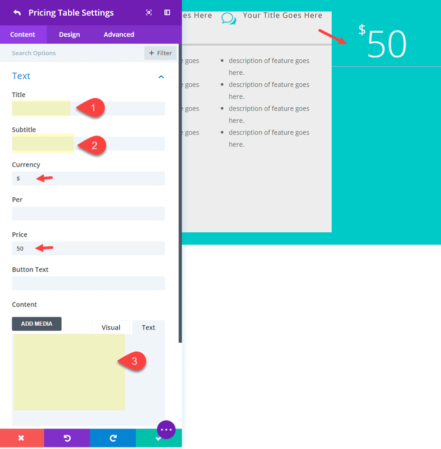 divi horizontal pricing tables