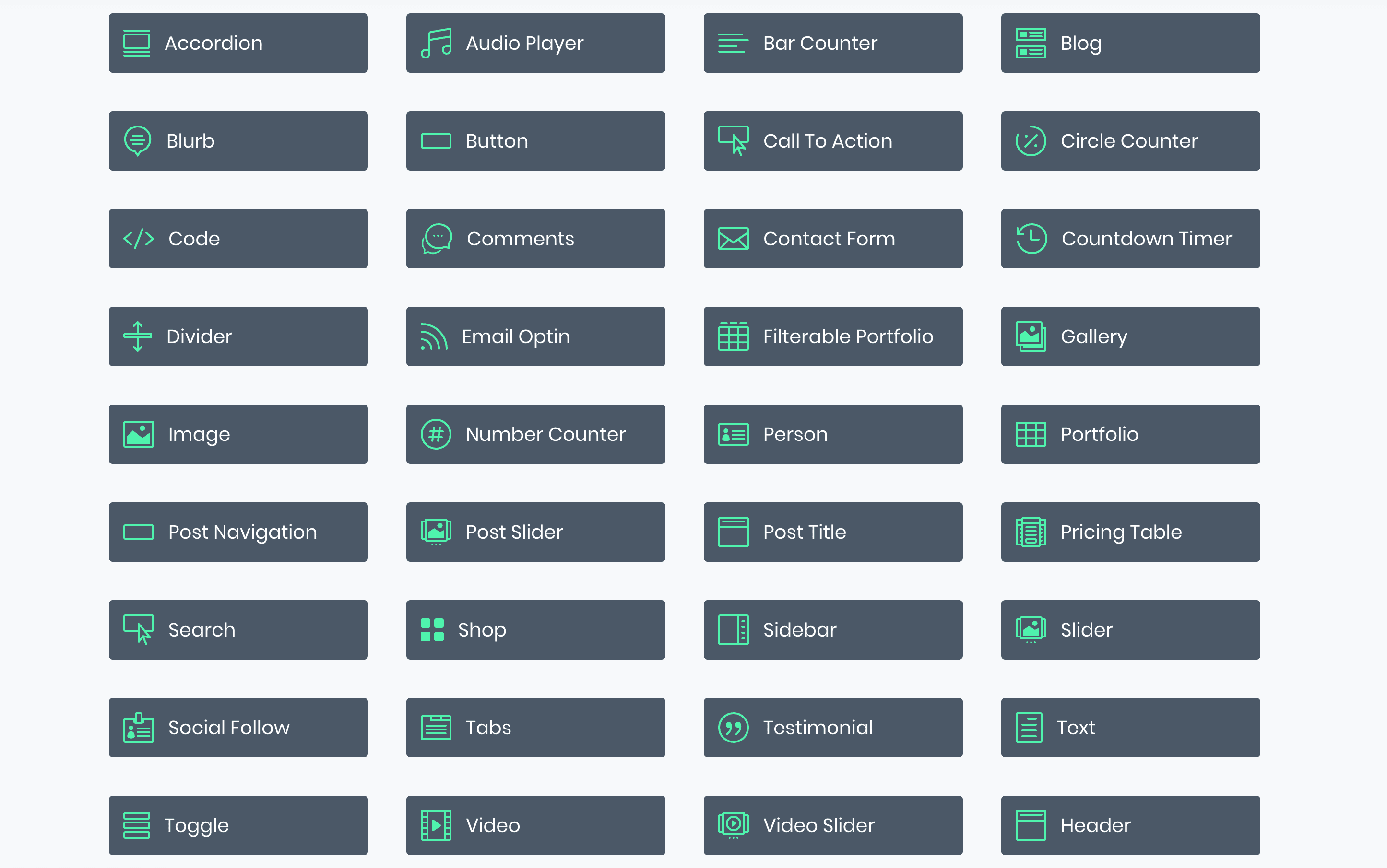  Una lista de módulos Divi.