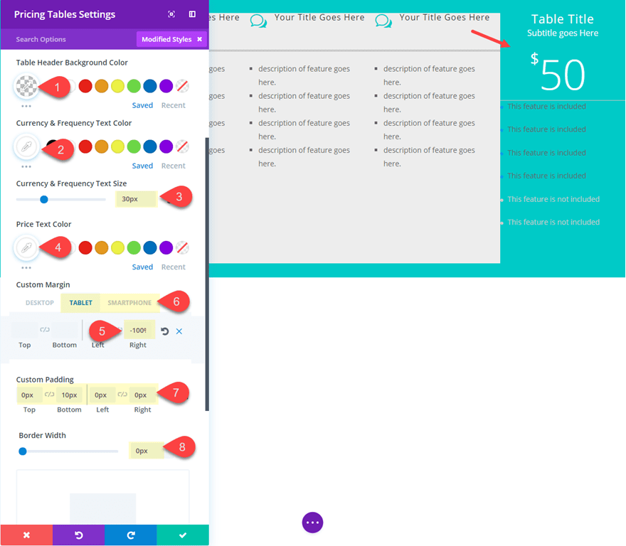 divi horizontal pricing tables