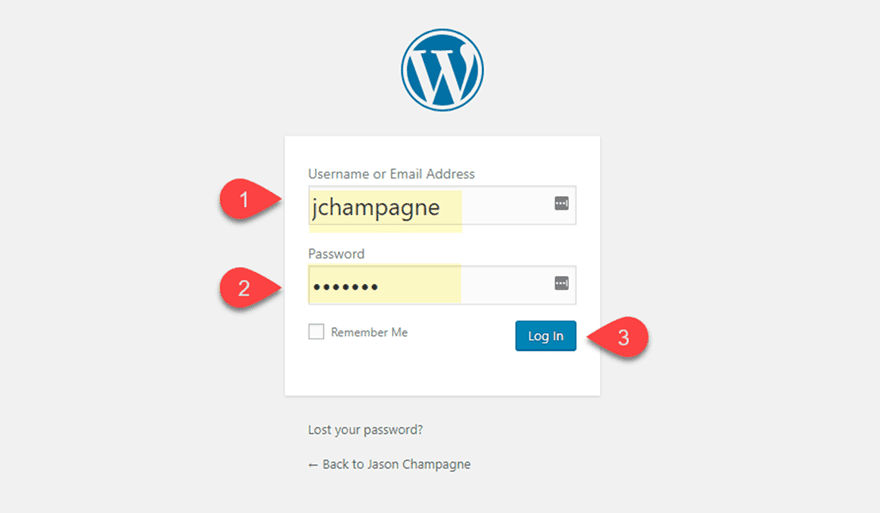 enter username and password for WordPress